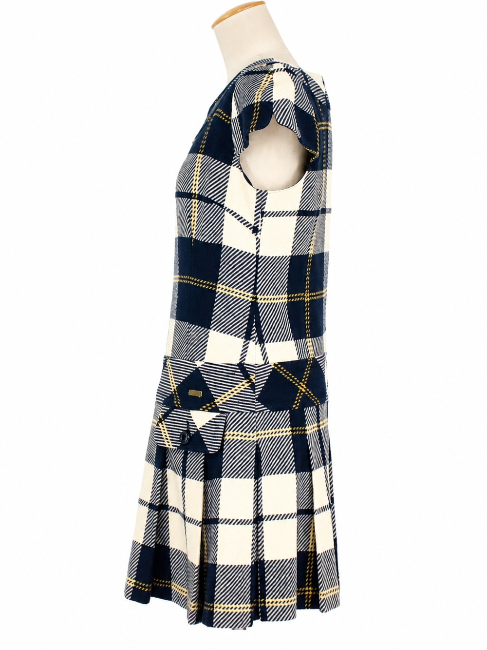 Burberry Navy, Cream & Yellow Plaid Short-Sleeve Fit-and-Flare Dress - Picture 4 of 7